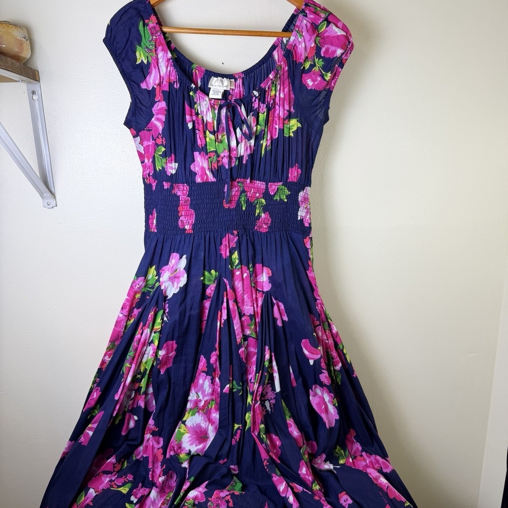 VTG Navy And Pink Floral Dress Med Cotton Y2K Cottagecore Smocked Waist Flowy